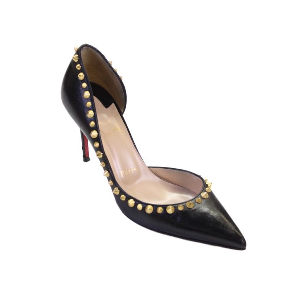Christian Louboutin Womens Stiletto Studded Dorsay Pumps Black Leather Size 37